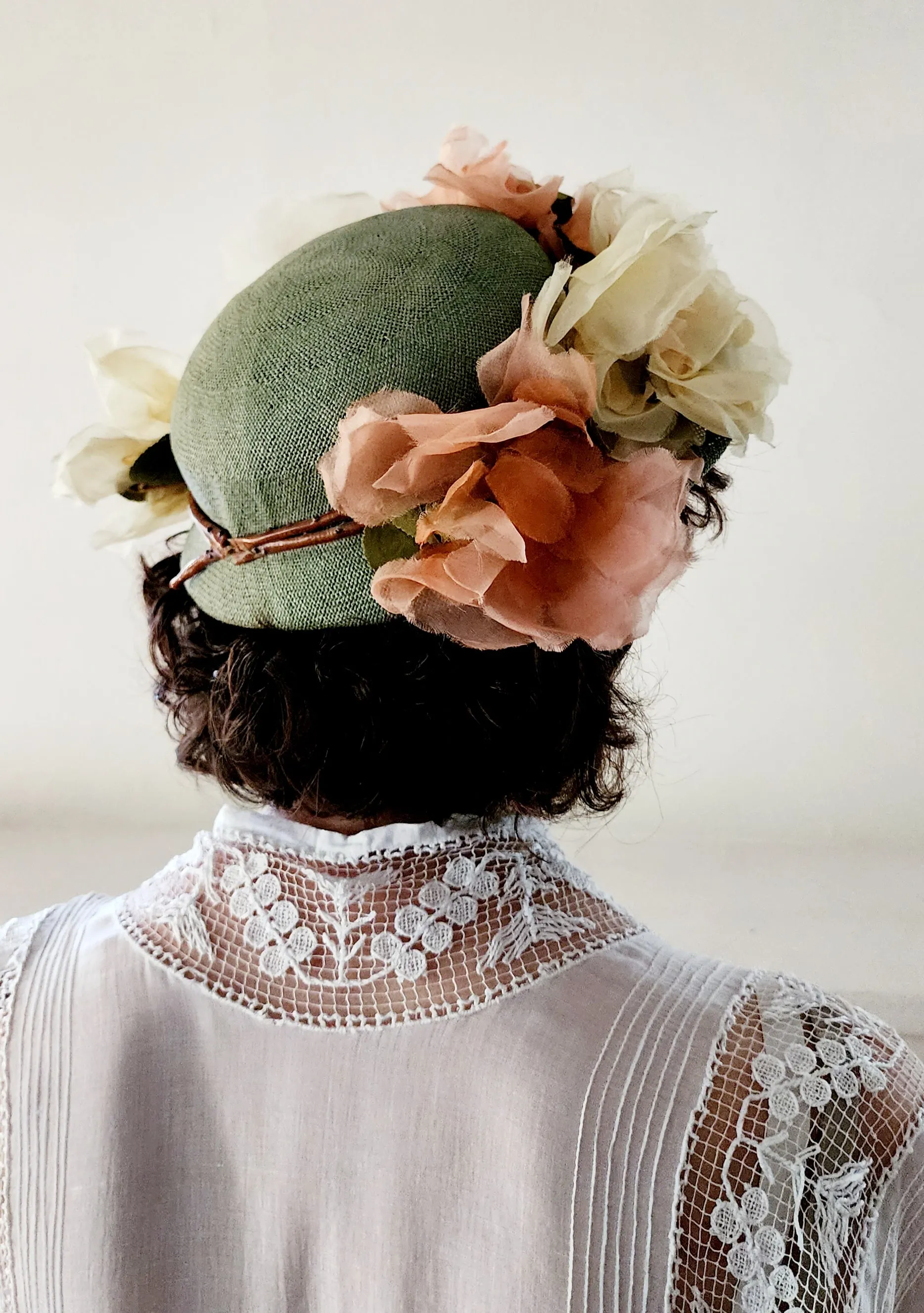 50s Norman Durand Original Pastel Floral Hat Green Straw Summer Spring Garden Party Shabby Chic