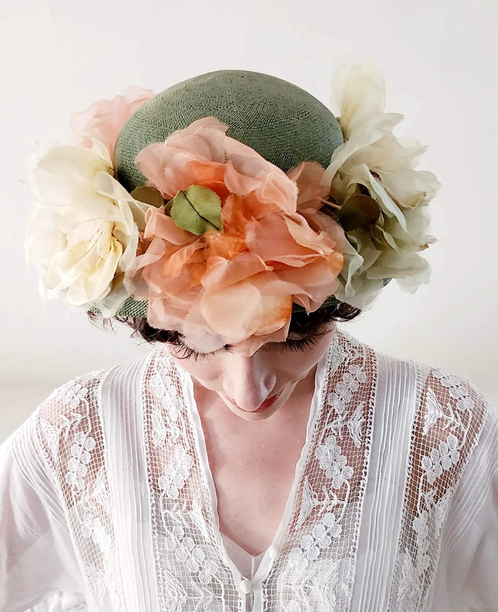 50s Norman Durand Original Pastel Floral Hat Green Straw Summer Spring Garden Party Shabby Chic