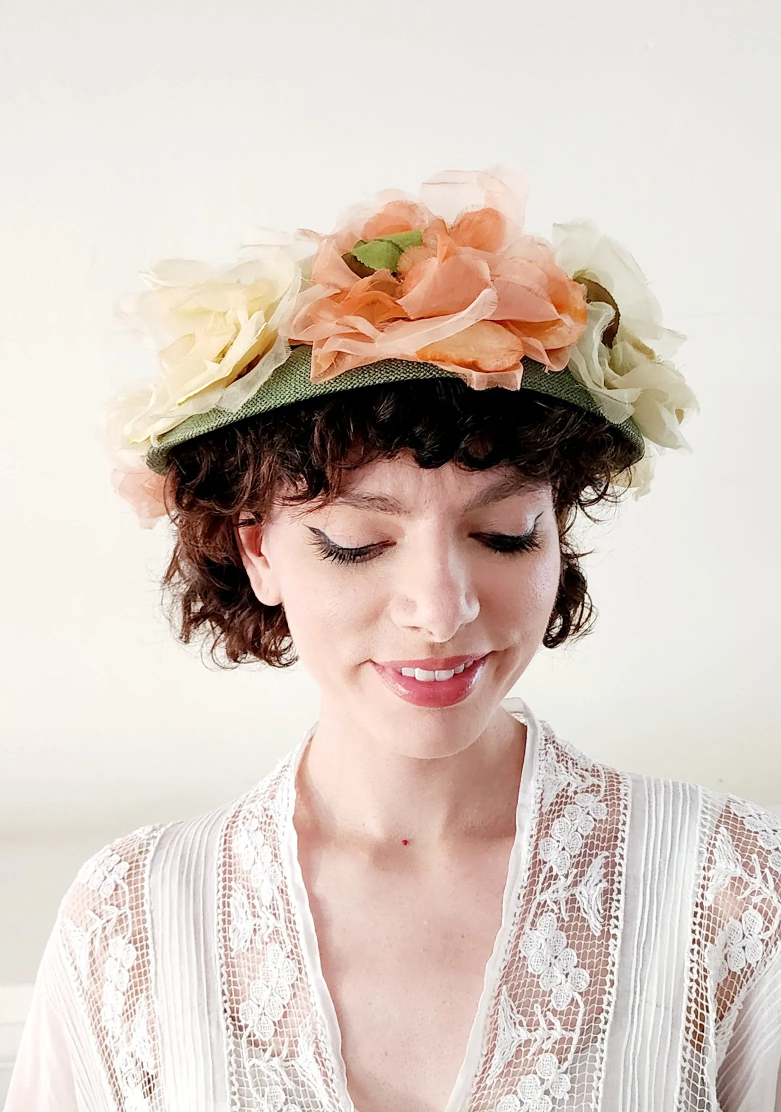 50s Norman Durand Original Pastel Floral Hat Green Straw Summer Spring Garden Party Shabby Chic