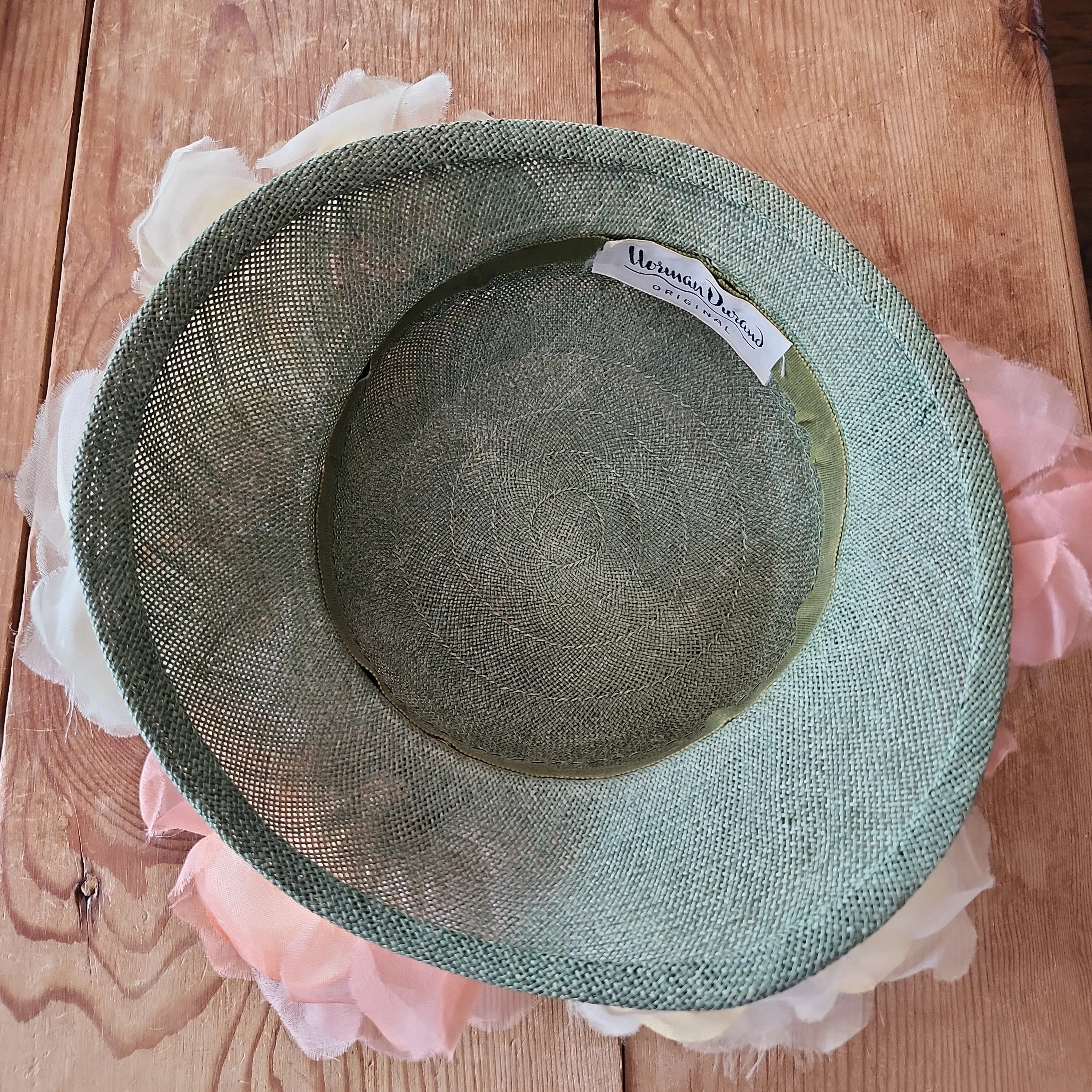 50s Norman Durand Original Pastel Floral Hat Green Straw Summer Spring Garden Party Shabby Chic