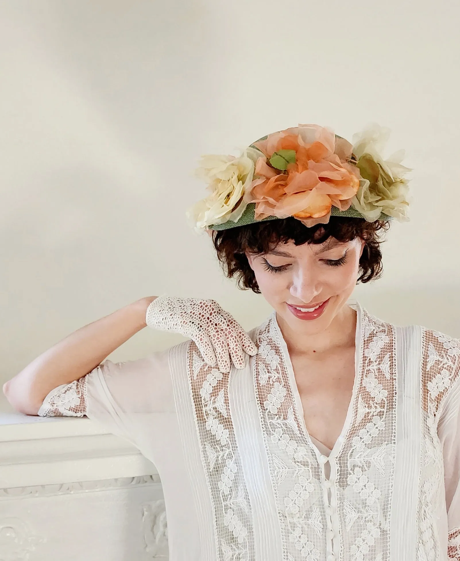50s Norman Durand Original Pastel Floral Hat Green Straw Summer Spring Garden Party Shabby Chic