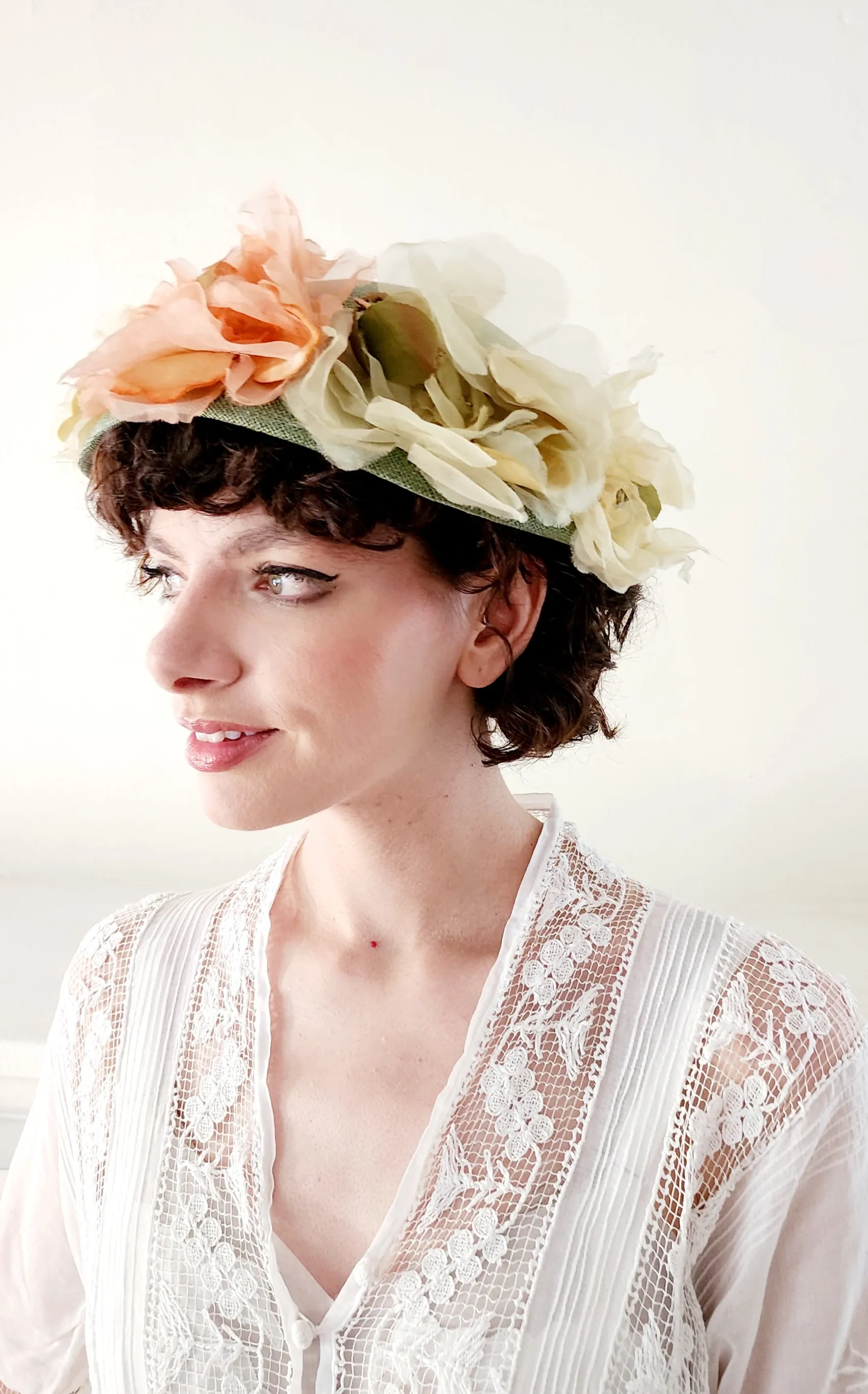 50s Norman Durand Original Pastel Floral Hat Green Straw Summer Spring Garden Party Shabby Chic