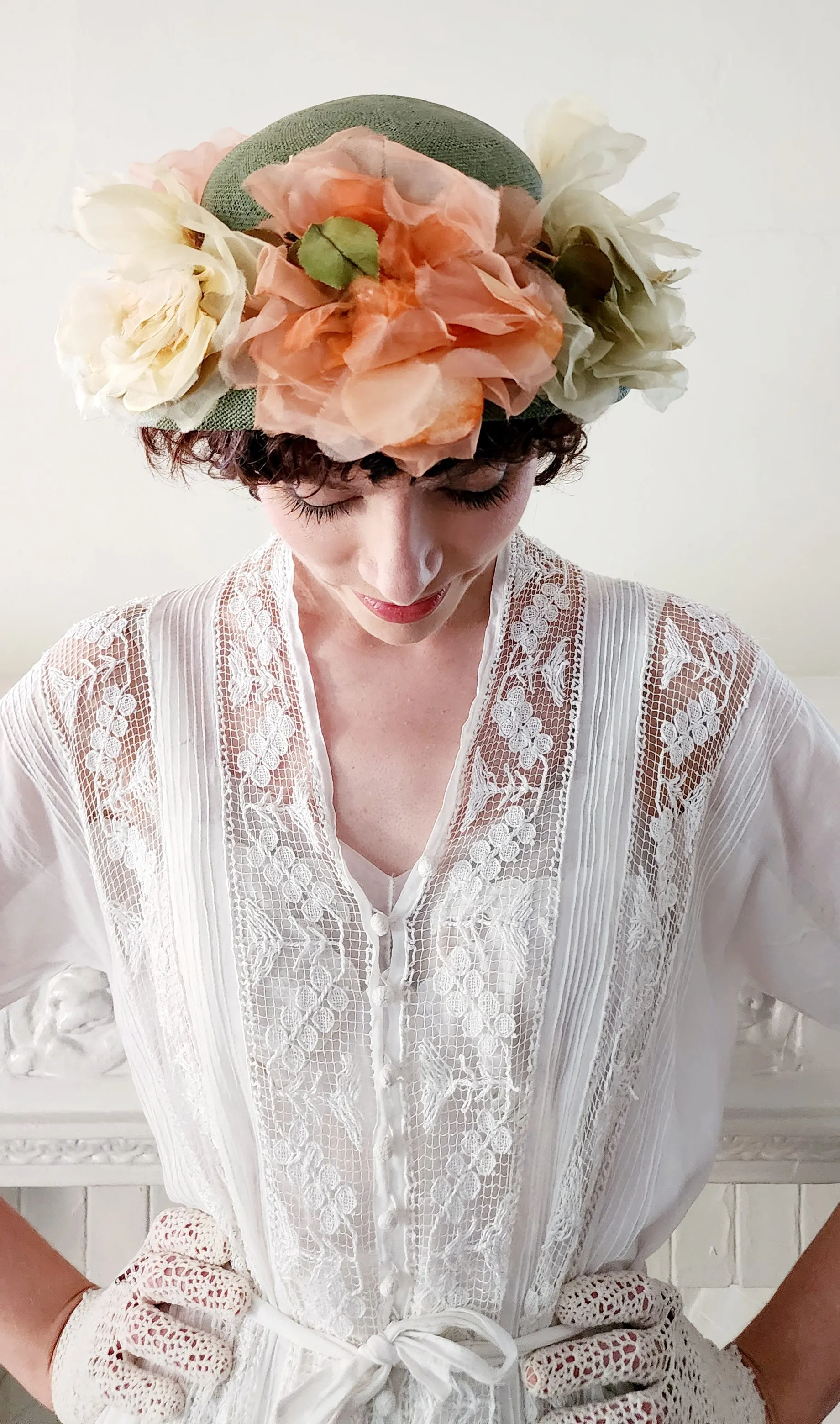 50s Norman Durand Original Pastel Floral Hat Green Straw Summer Spring Garden Party Shabby Chic