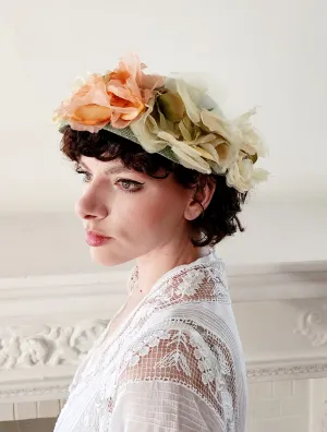 50s Norman Durand Original Pastel Floral Hat Green Straw Summer Spring Garden Party Shabby Chic