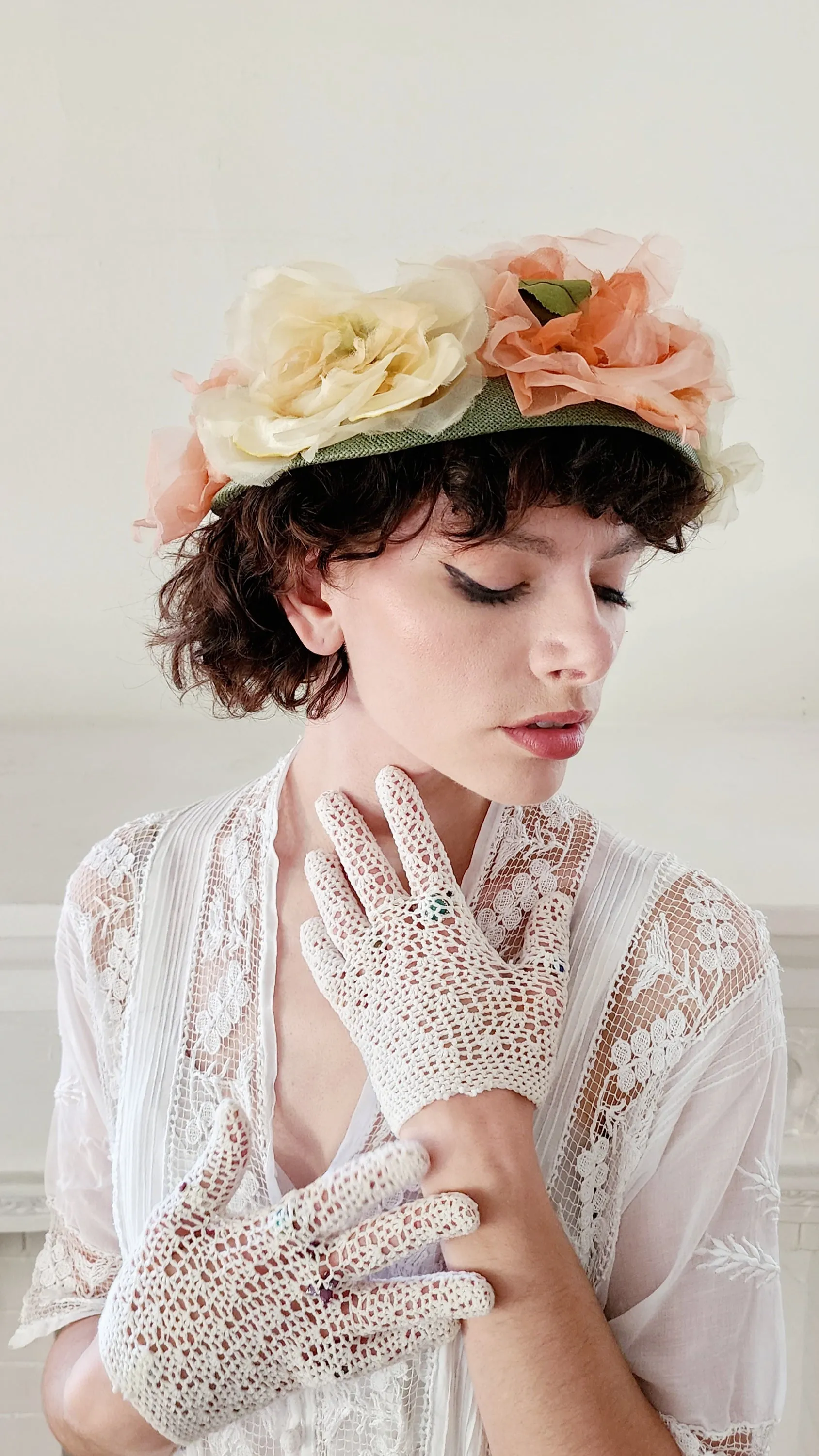 50s Norman Durand Original Pastel Floral Hat Green Straw Summer Spring Garden Party Shabby Chic