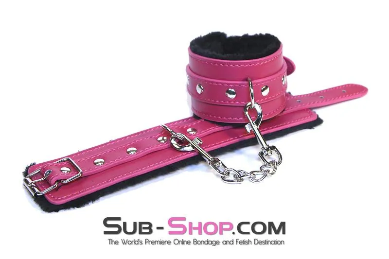 9048DL      Fur Lined Sex Bomb Pink Wrist Bondage Cuffs and Chain Set - MEGA Deal