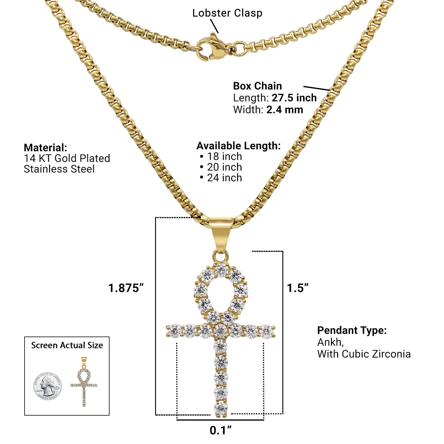 Ankh 1 Pendant Cubic Zirconia with Necklace Set 14K Gold Plated