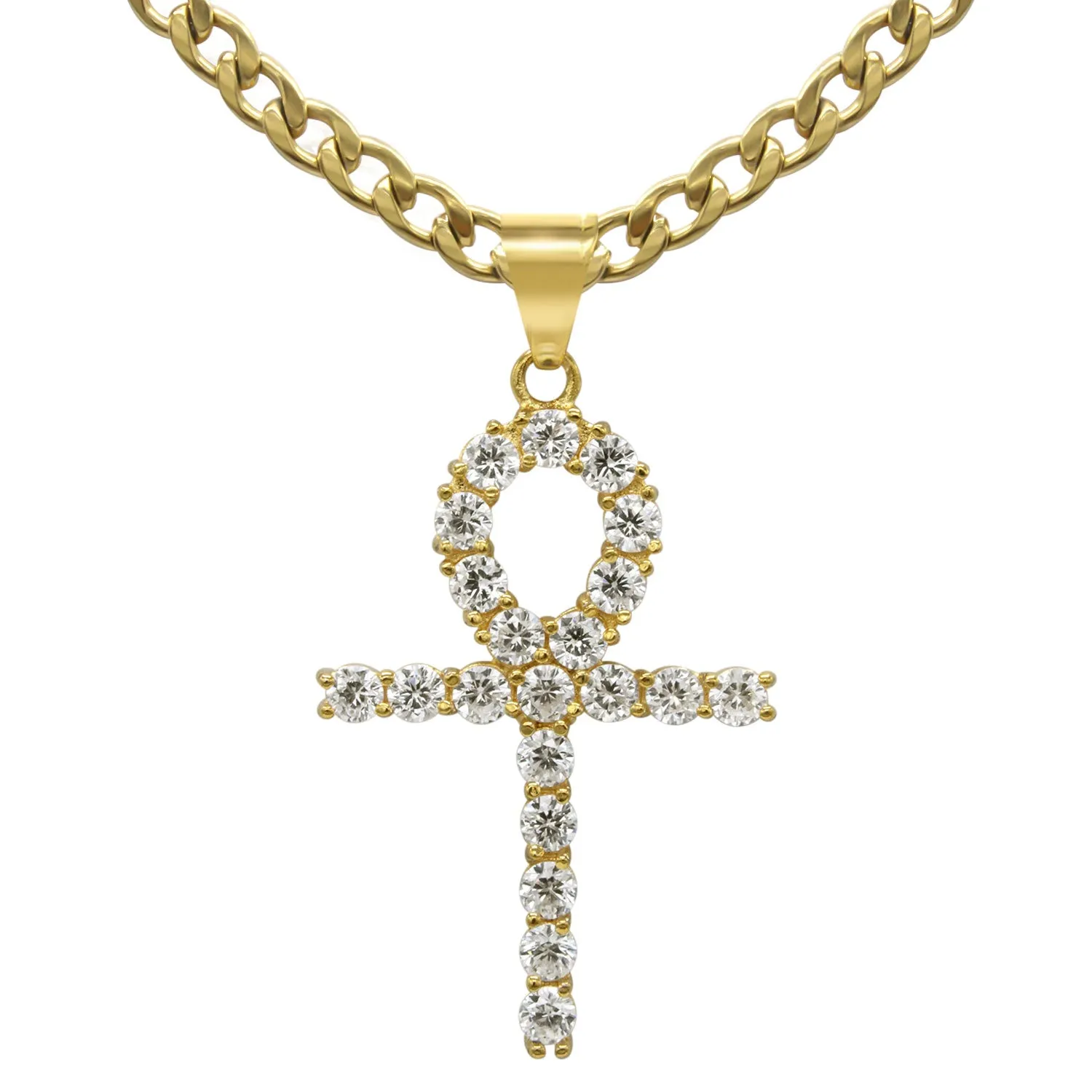 Ankh 1 Pendant Cubic Zirconia with Necklace Set 14K Gold Plated