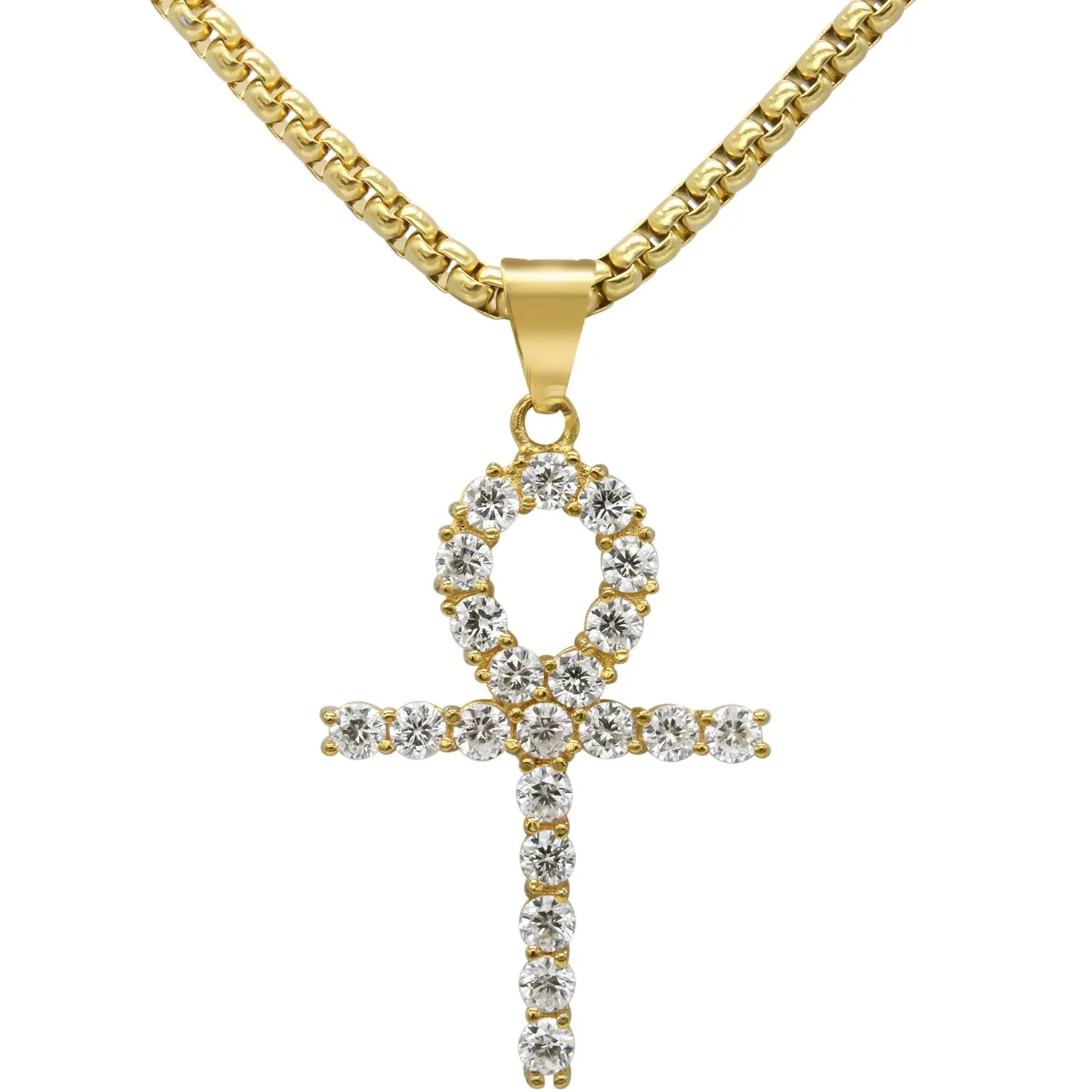 Ankh 1 Pendant Cubic Zirconia with Necklace Set 14K Gold Plated