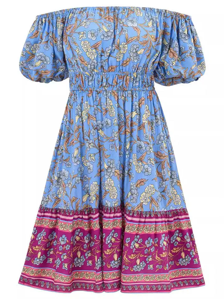 Bohemian Off Shoulder Puff Sleeve Print Beach Dress for Lady