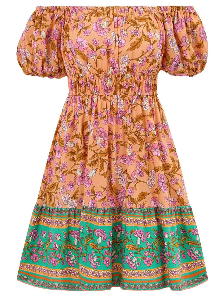 Bohemian Off Shoulder Puff Sleeve Print Beach Dress for Lady