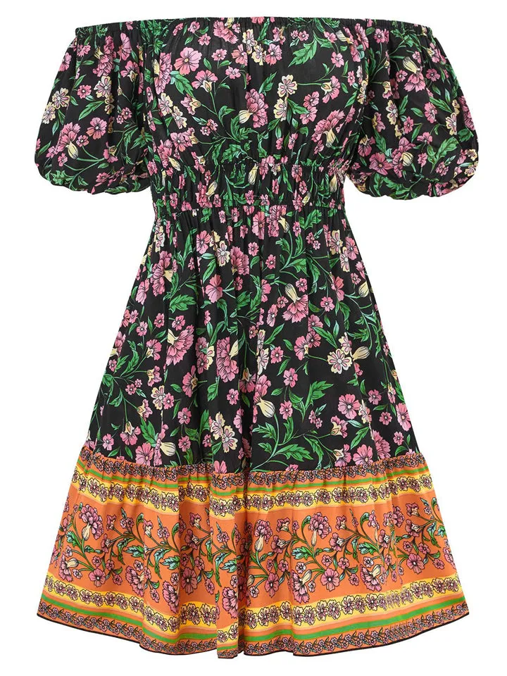 Bohemian Off Shoulder Puff Sleeve Print Beach Dress for Lady