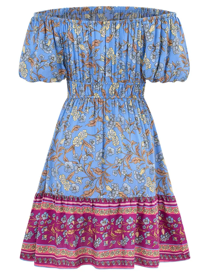 Bohemian Off Shoulder Puff Sleeve Print Beach Dress for Lady