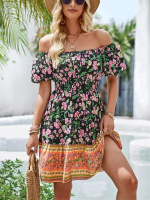 Bohemian Off Shoulder Puff Sleeve Print Beach Dress for Lady