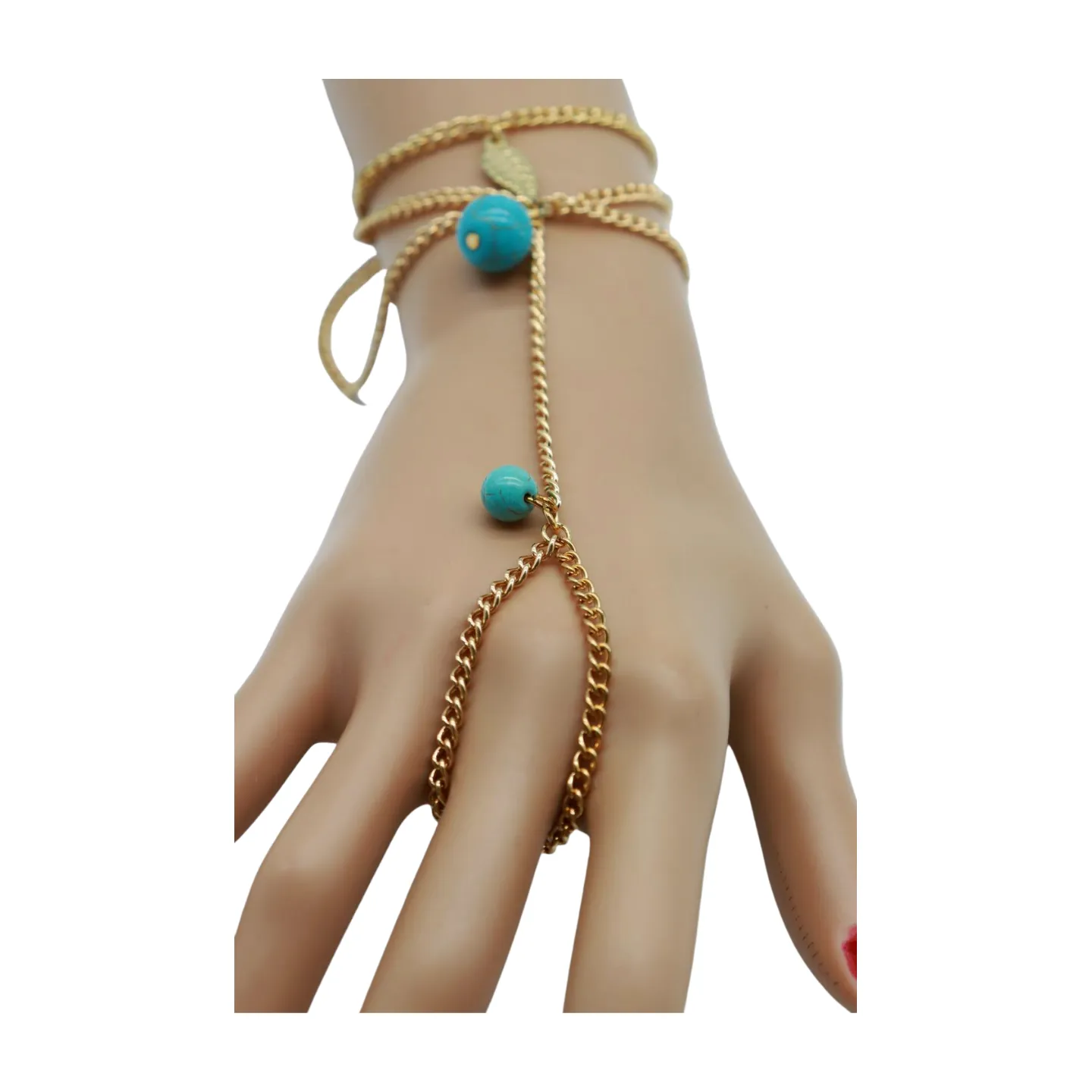 Bracelet Gold Metal Hand Chain Leaf Turquoise Blue Beads One Size
