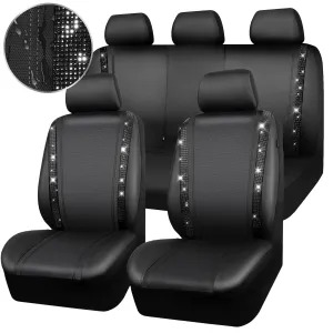CAR PASS Car Rhinestone Leather Seat Covers Full Set, Rear with Zipper Universal for Cute Women - Black