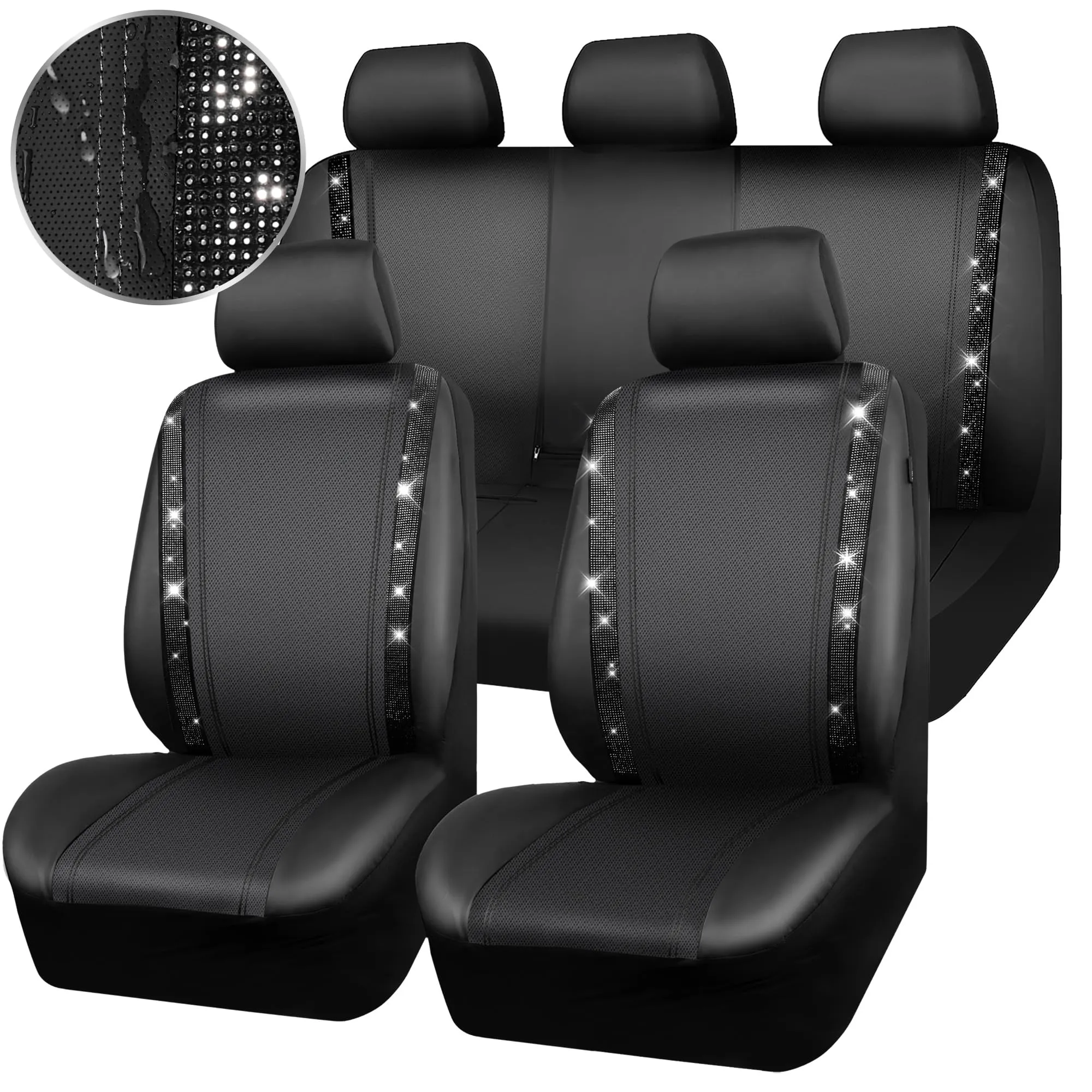 CAR PASS Car Rhinestone Leather Seat Covers Full Set, Rear with Zipper Universal for Cute Women - Black