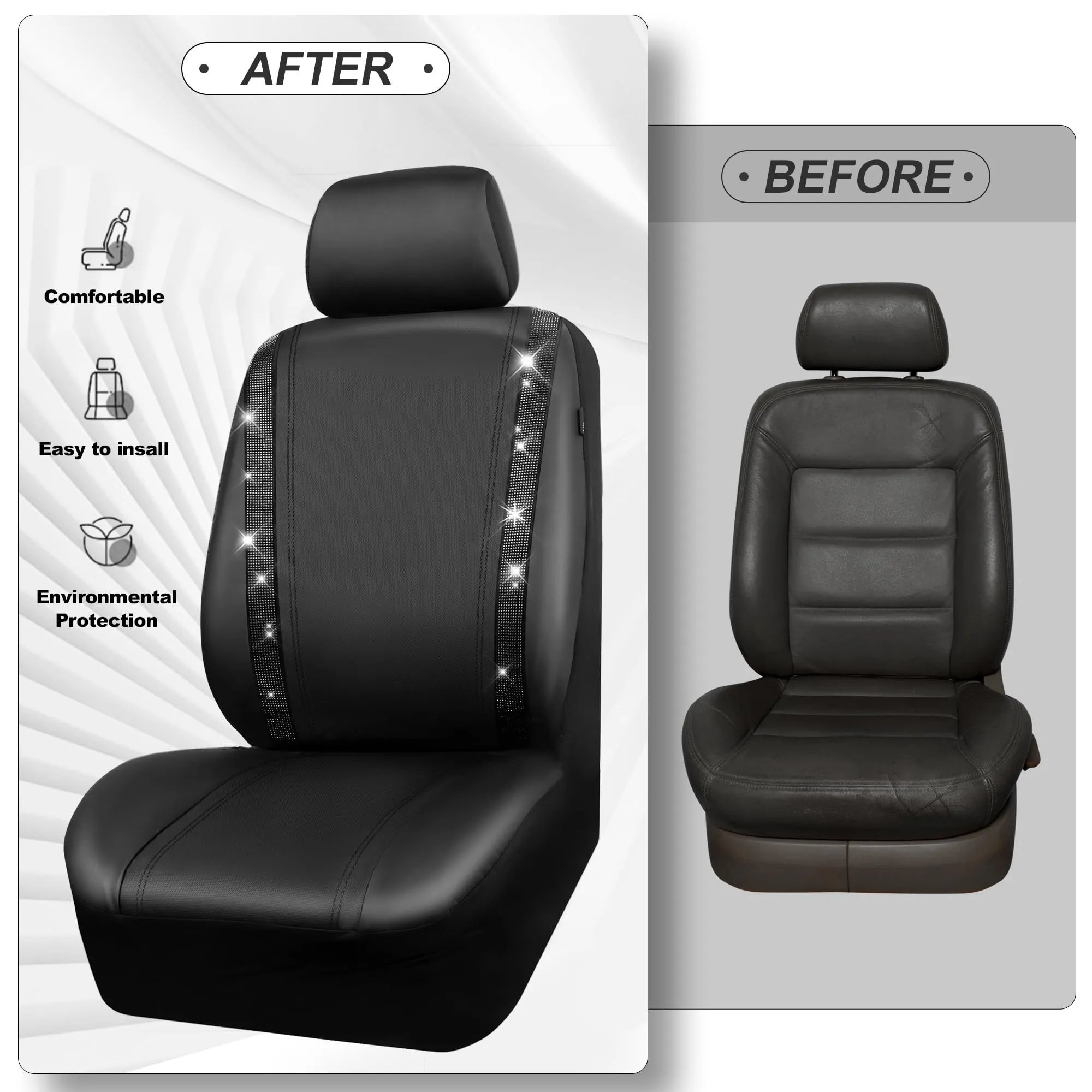 CAR PASS Car Rhinestone Leather Seat Covers Full Set, Rear with Zipper Universal for Cute Women - Black