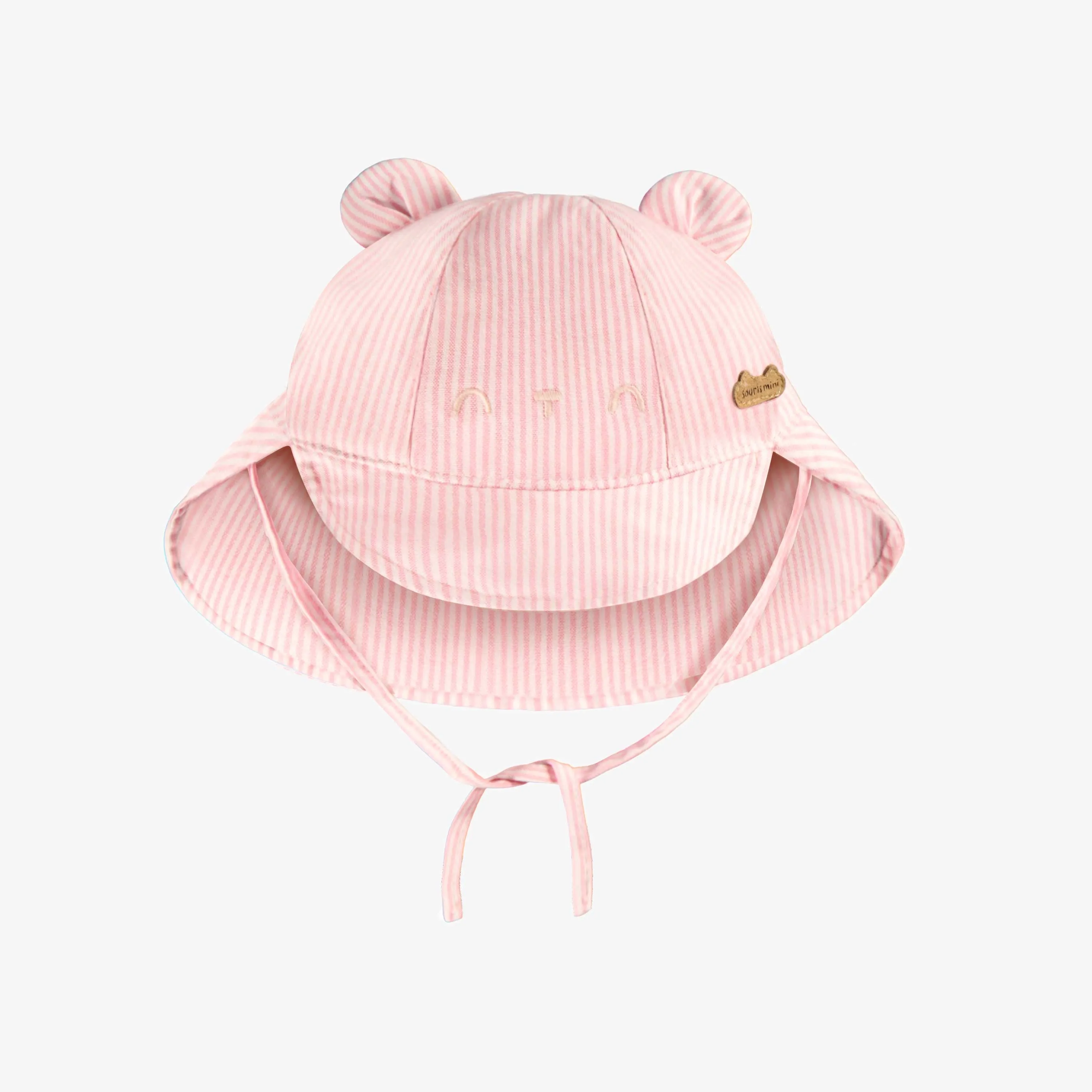 Chapeau cloche rose et blanc à rayures avec oreilles, bébé || Pink and white cloche hat with stripes and ears, baby