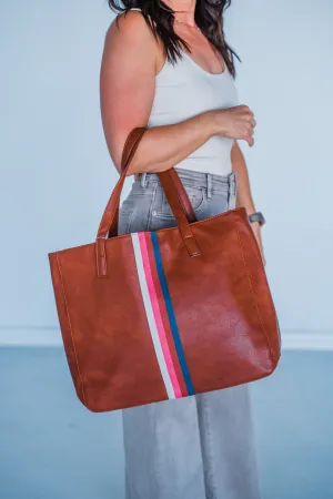 Cognac   Multi Stripe Vegan Tote