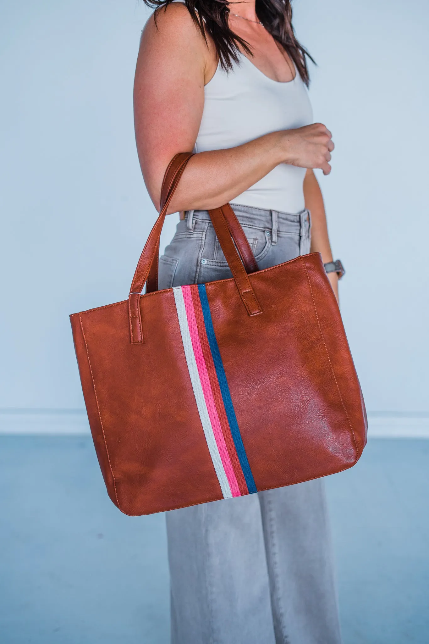 Cognac   Multi Stripe Vegan Tote