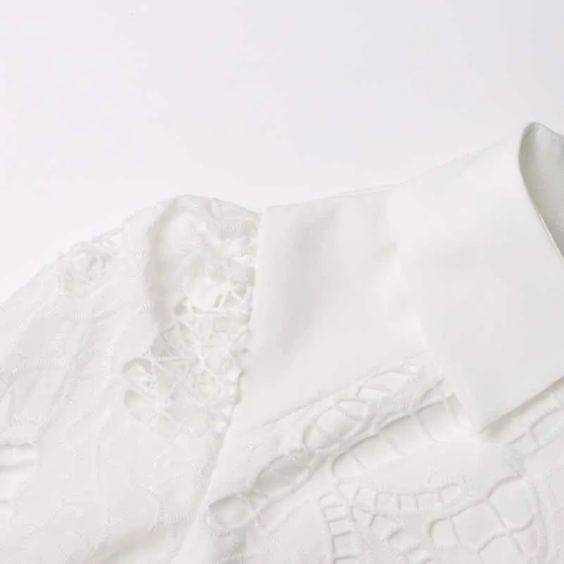 Collared Long Sleeve Hollow Out Lace Midi Dress With Belt