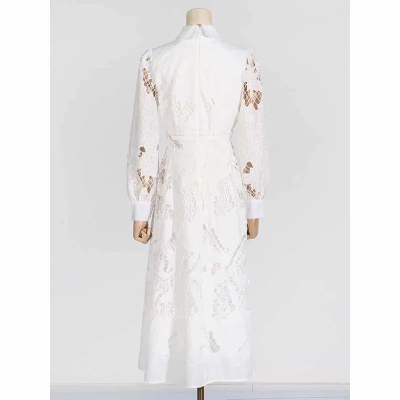 Collared Long Sleeve Hollow Out Lace Midi Dress With Belt