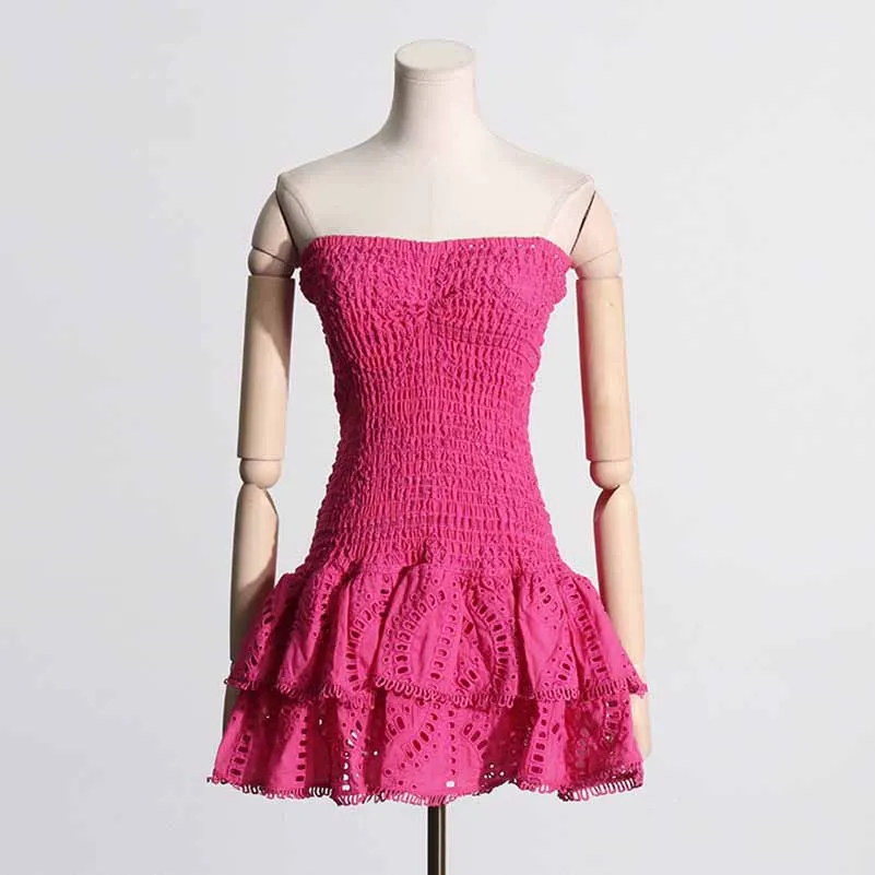Embroidered Ruffled Mini Dress Strapless Summer Dress