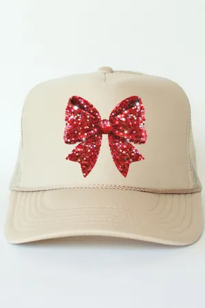 Faux Sequin Red Coquette Bow Otto Khaki Foam Front Trucker Hat
