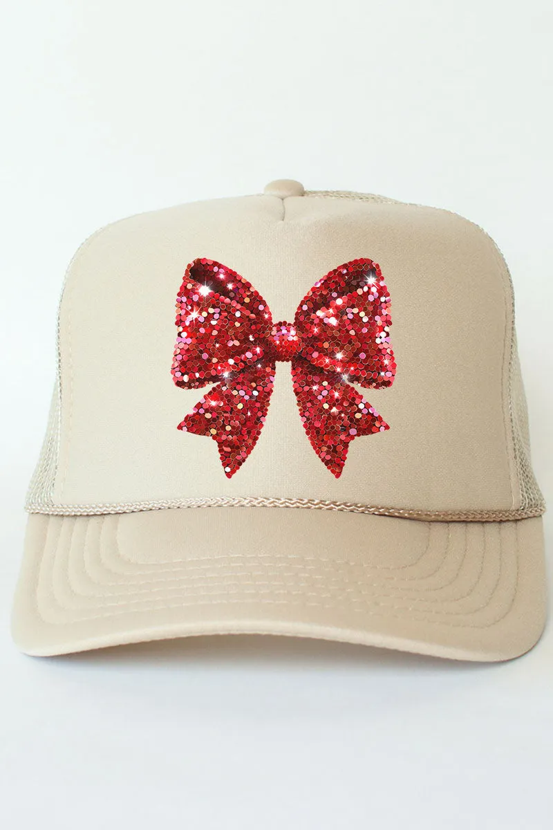Faux Sequin Red Coquette Bow Otto Khaki Foam Front Trucker Hat