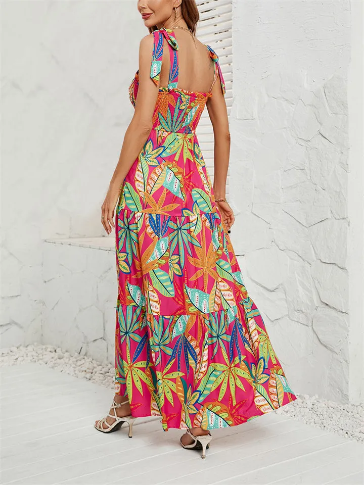 Female Holiday Floral Leaf Print Sleeveless Pleated Dress