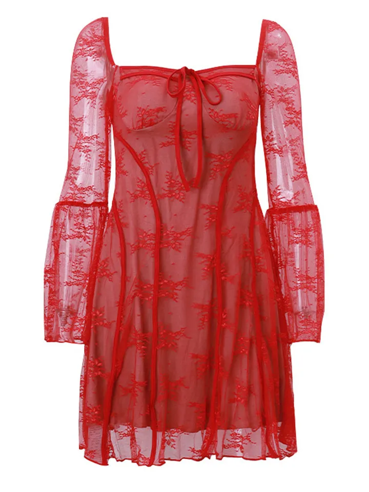 Flared Sleeve Ruffle Sexy Lace Dress for Ladies