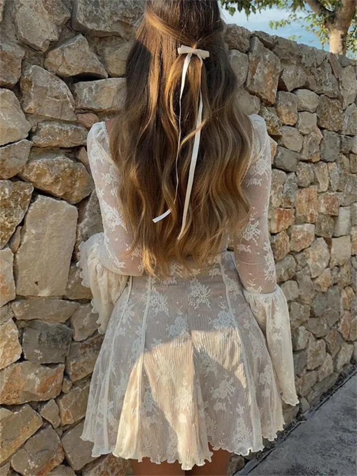 Flared Sleeve Ruffle Sexy Lace Dress for Ladies