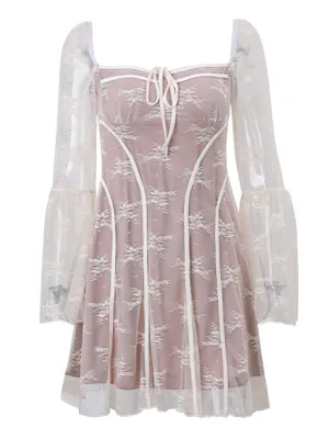 Flared Sleeve Ruffle Sexy Lace Dress for Ladies
