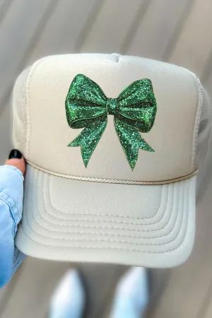 Glitz Green Coquette Bow Otto Khaki Foam Front Trucker Hat