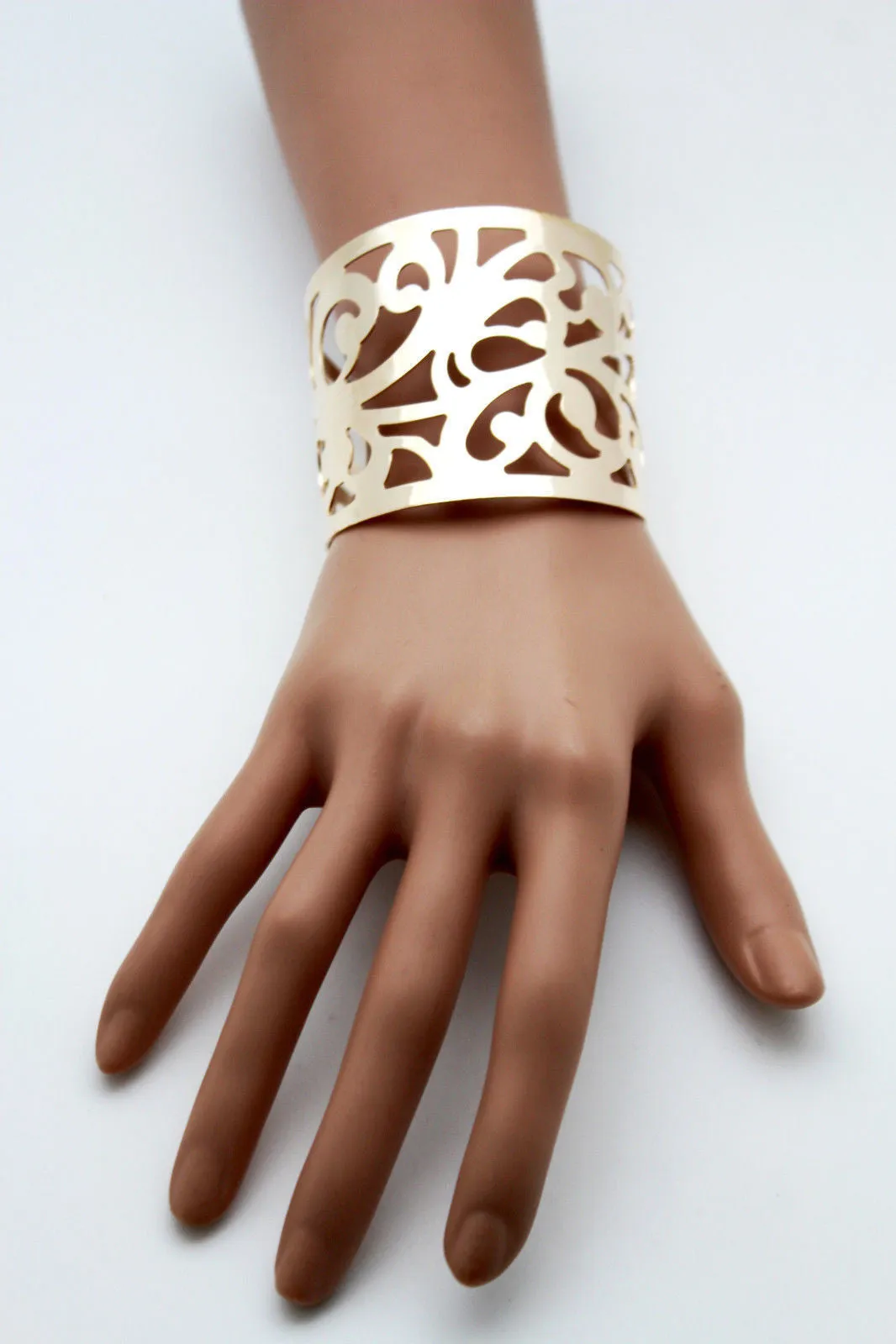 Gold Metal Cuff Bracelet Light Leaves Hollow Shape Cut Outs Adjustable