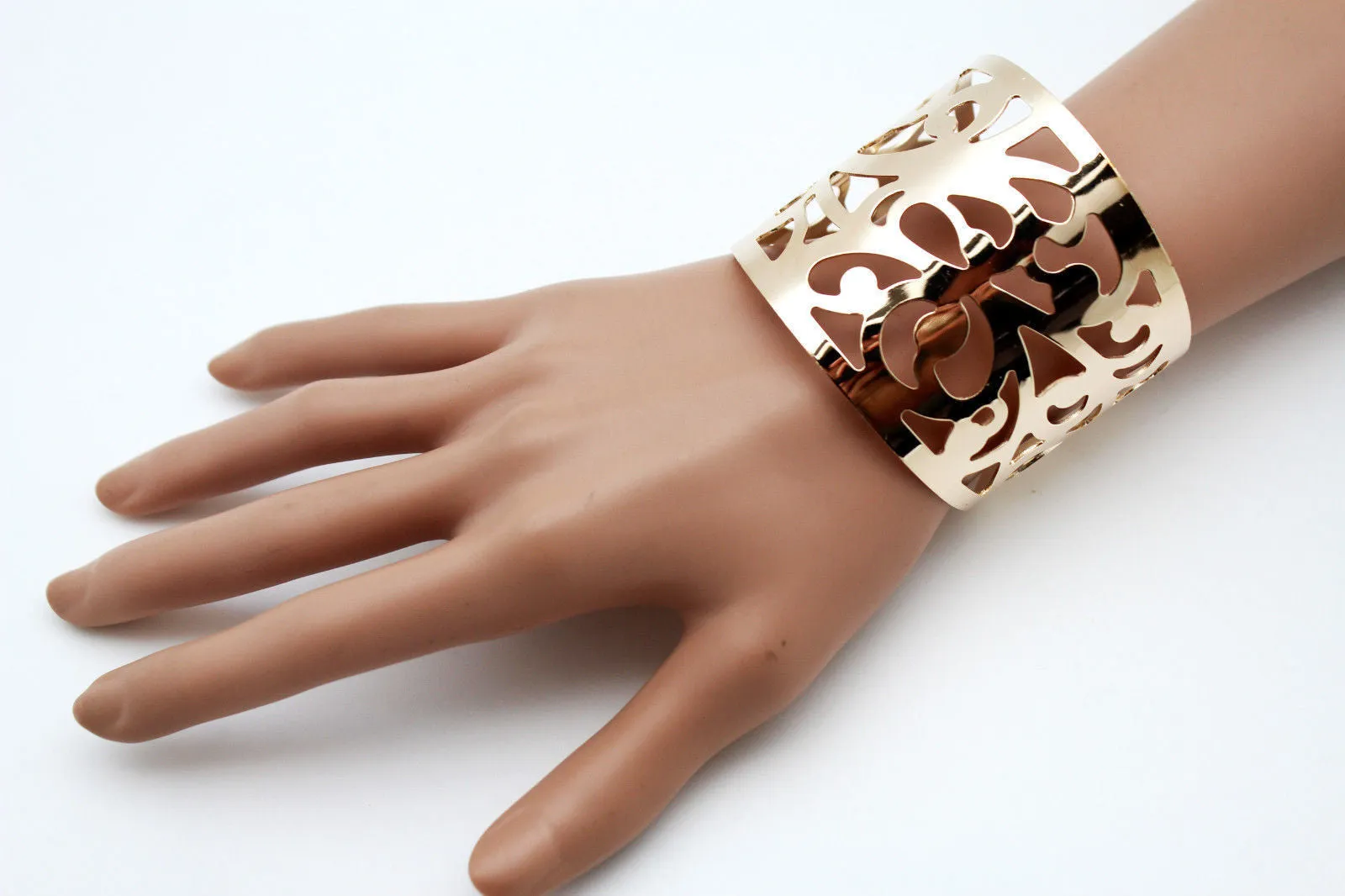 Gold Metal Cuff Bracelet Light Leaves Hollow Shape Cut Outs Adjustable