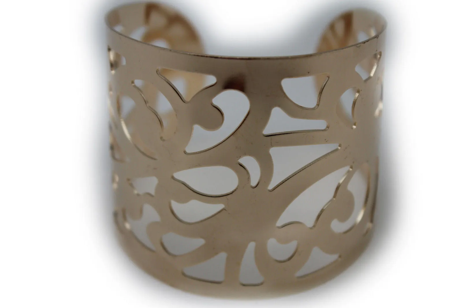 Gold Metal Cuff Bracelet Light Leaves Hollow Shape Cut Outs Adjustable