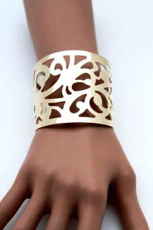 Gold Metal Cuff Bracelet Light Leaves Hollow Shape Cut Outs Adjustable