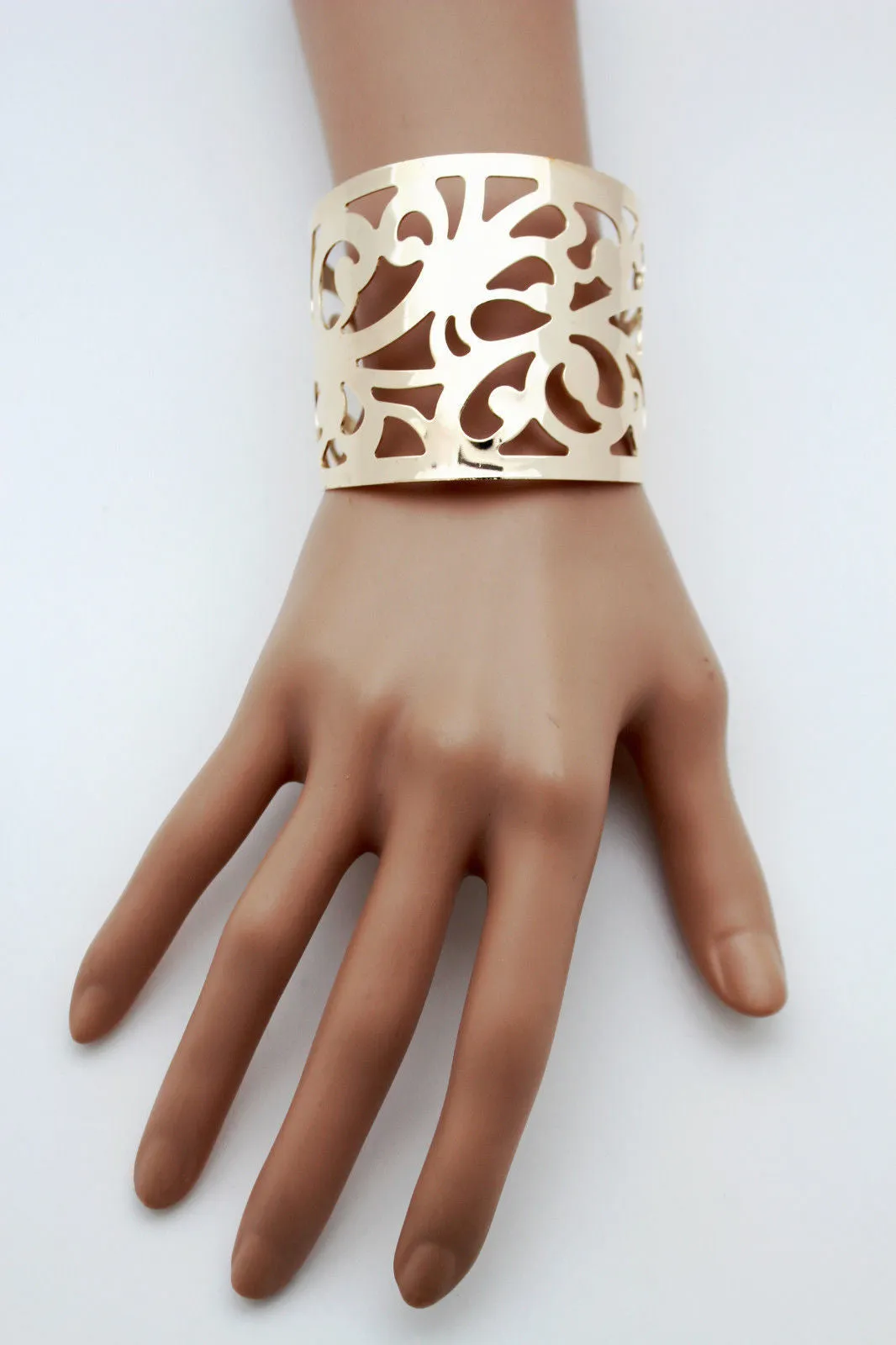 Gold Metal Cuff Bracelet Light Leaves Hollow Shape Cut Outs Adjustable