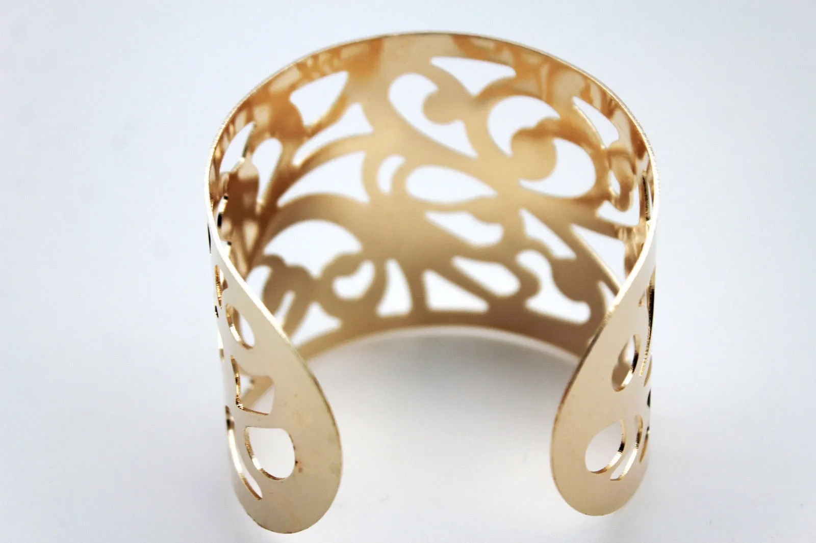 Gold Metal Cuff Bracelet Light Leaves Hollow Shape Cut Outs Adjustable