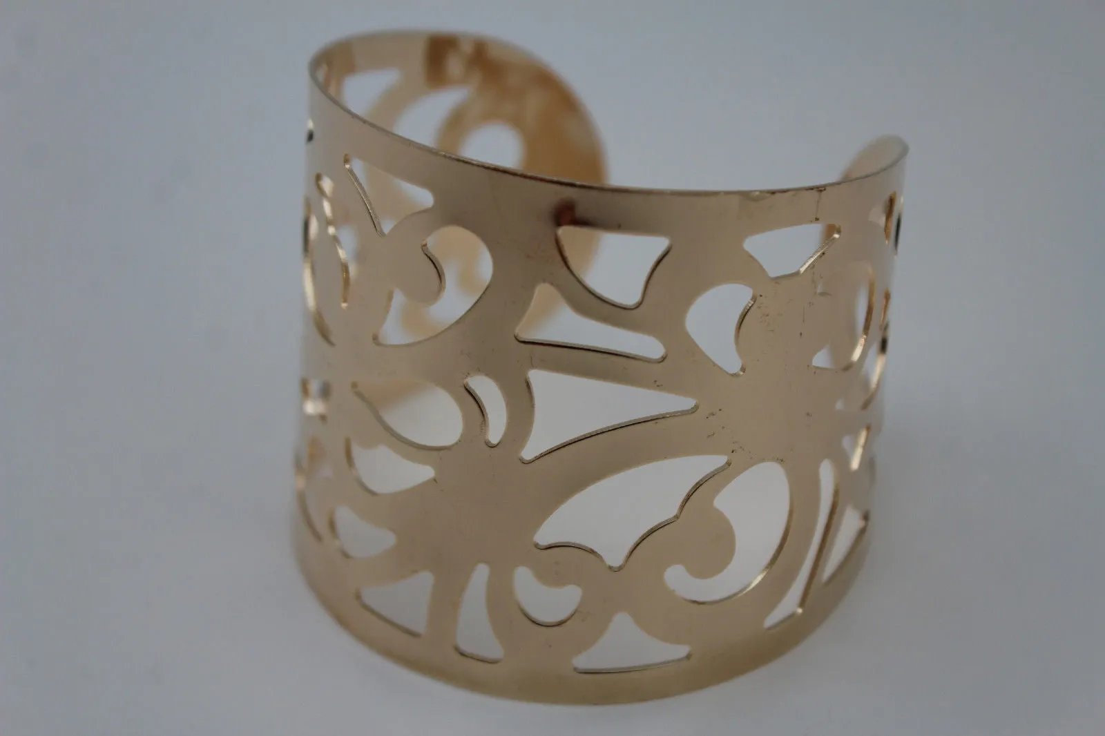 Gold Metal Cuff Bracelet Light Leaves Hollow Shape Cut Outs Adjustable