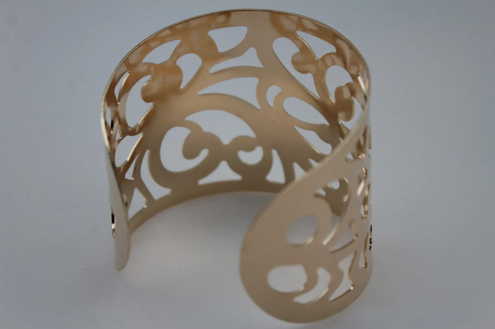Gold Metal Cuff Bracelet Light Leaves Hollow Shape Cut Outs Adjustable