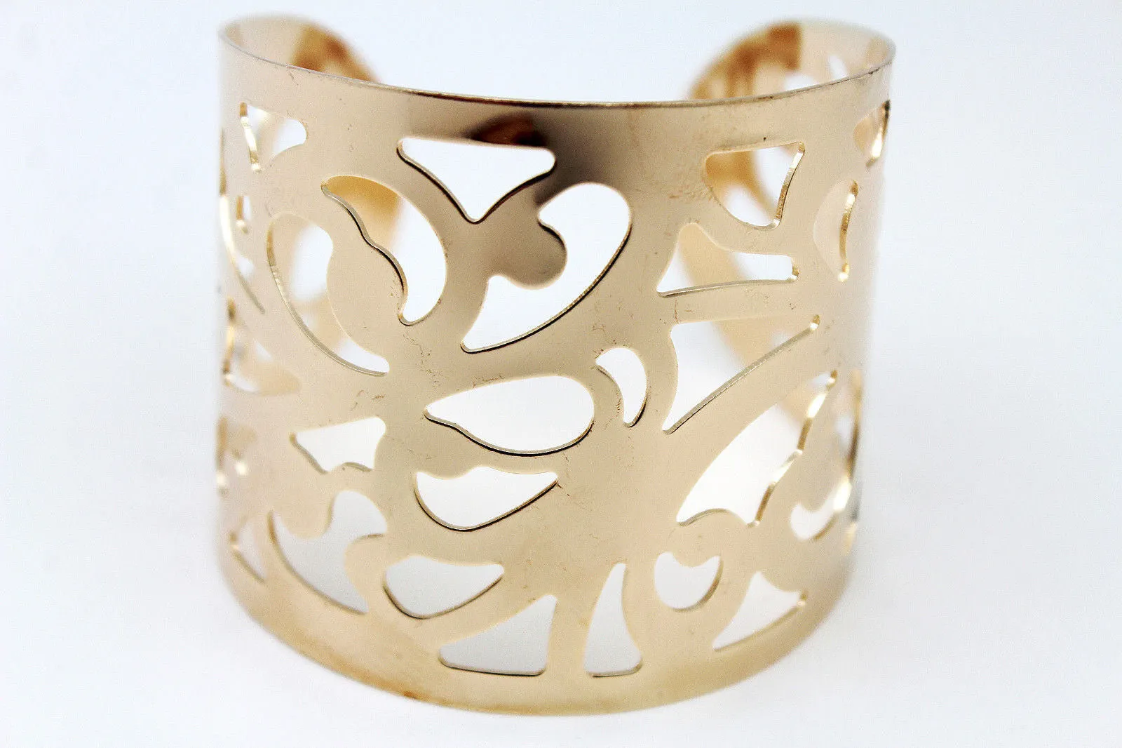 Gold Metal Cuff Bracelet Light Leaves Hollow Shape Cut Outs Adjustable