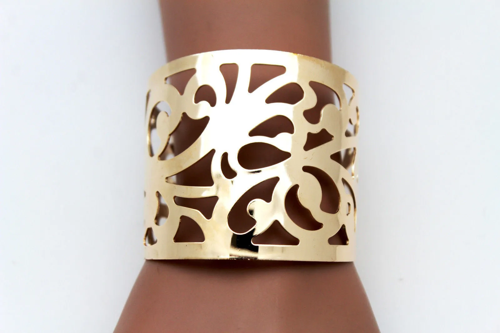 Gold Metal Cuff Bracelet Light Leaves Hollow Shape Cut Outs Adjustable