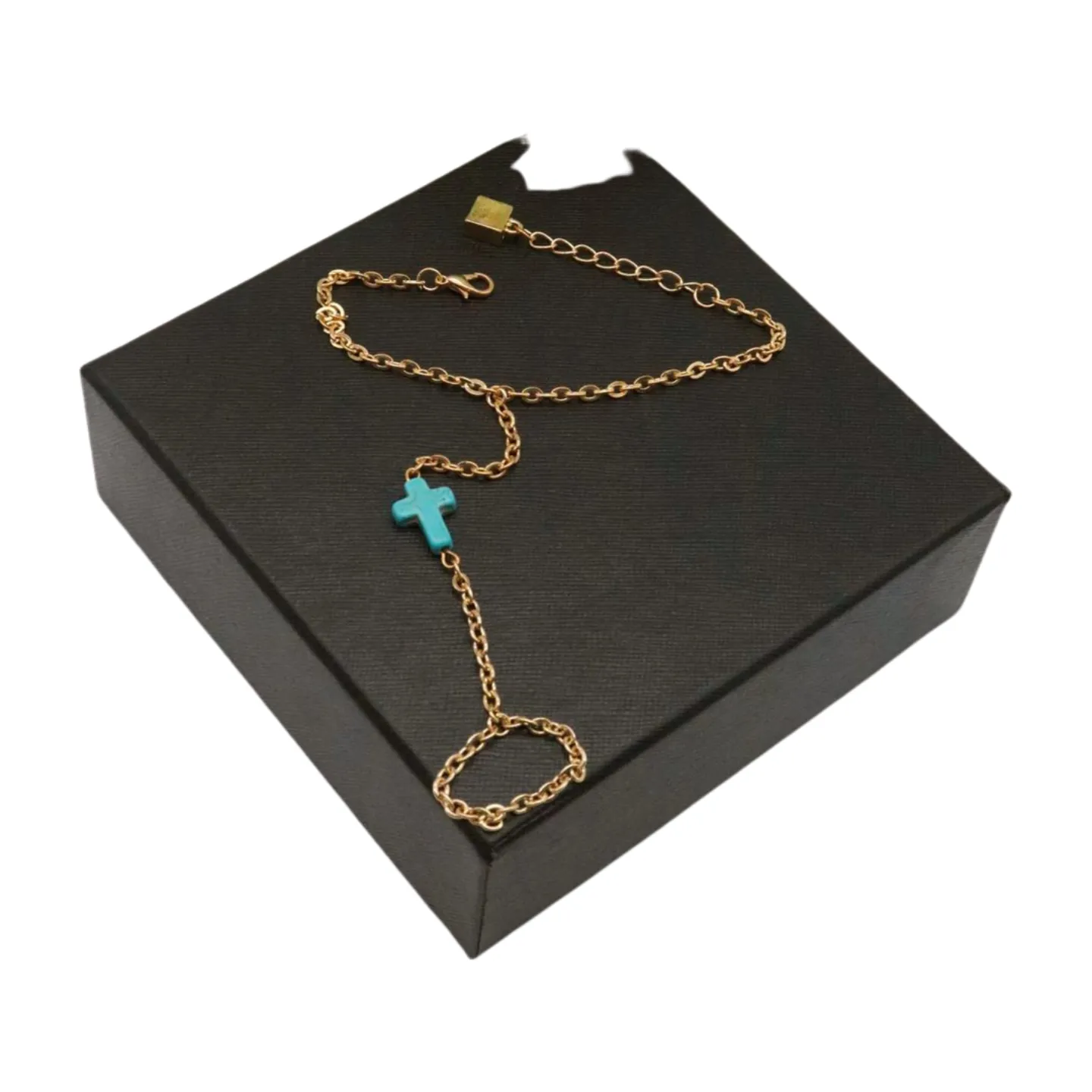 Gold Metal Hand Chain Bracelet Turquoise Blue Cross