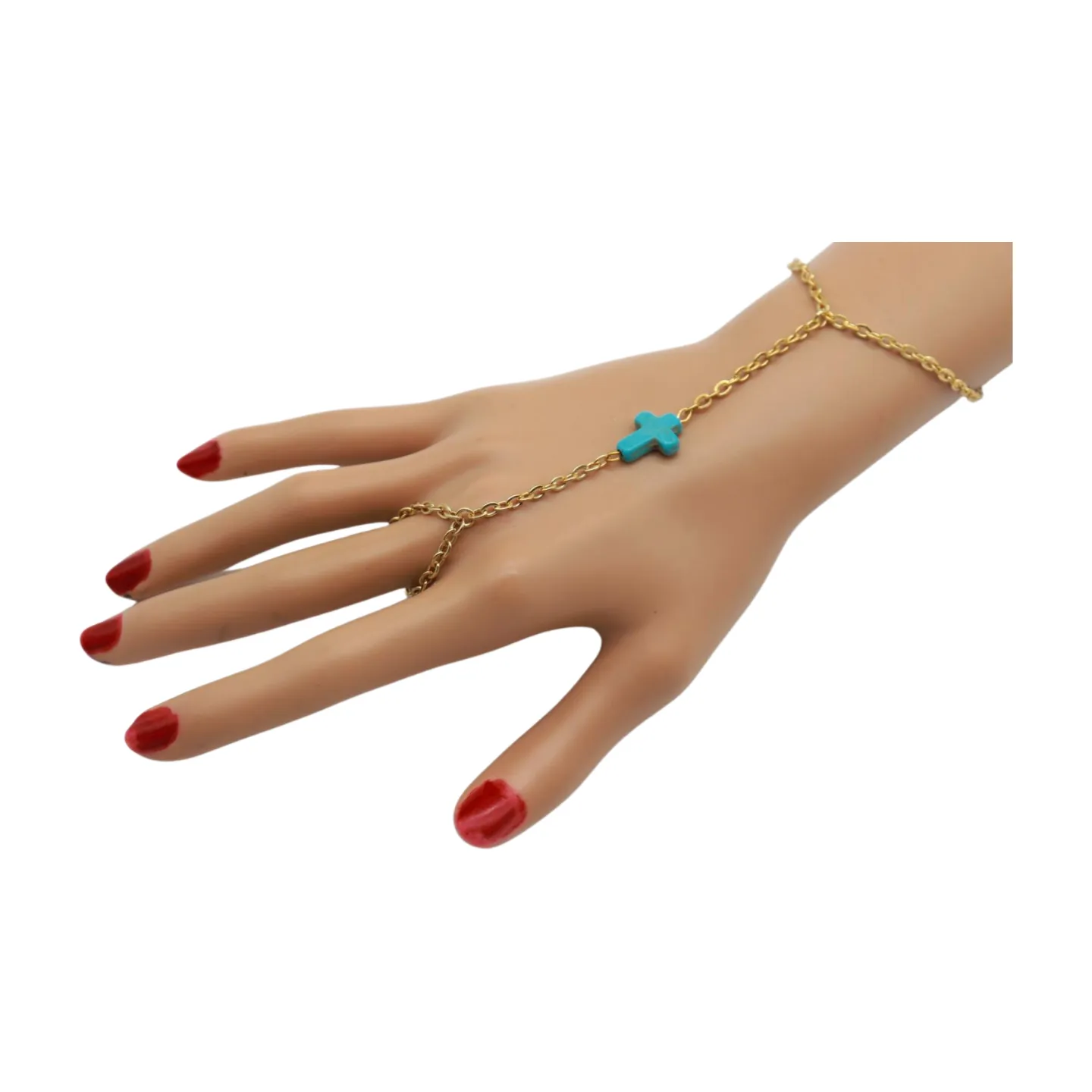 Gold Metal Hand Chain Bracelet Turquoise Blue Cross