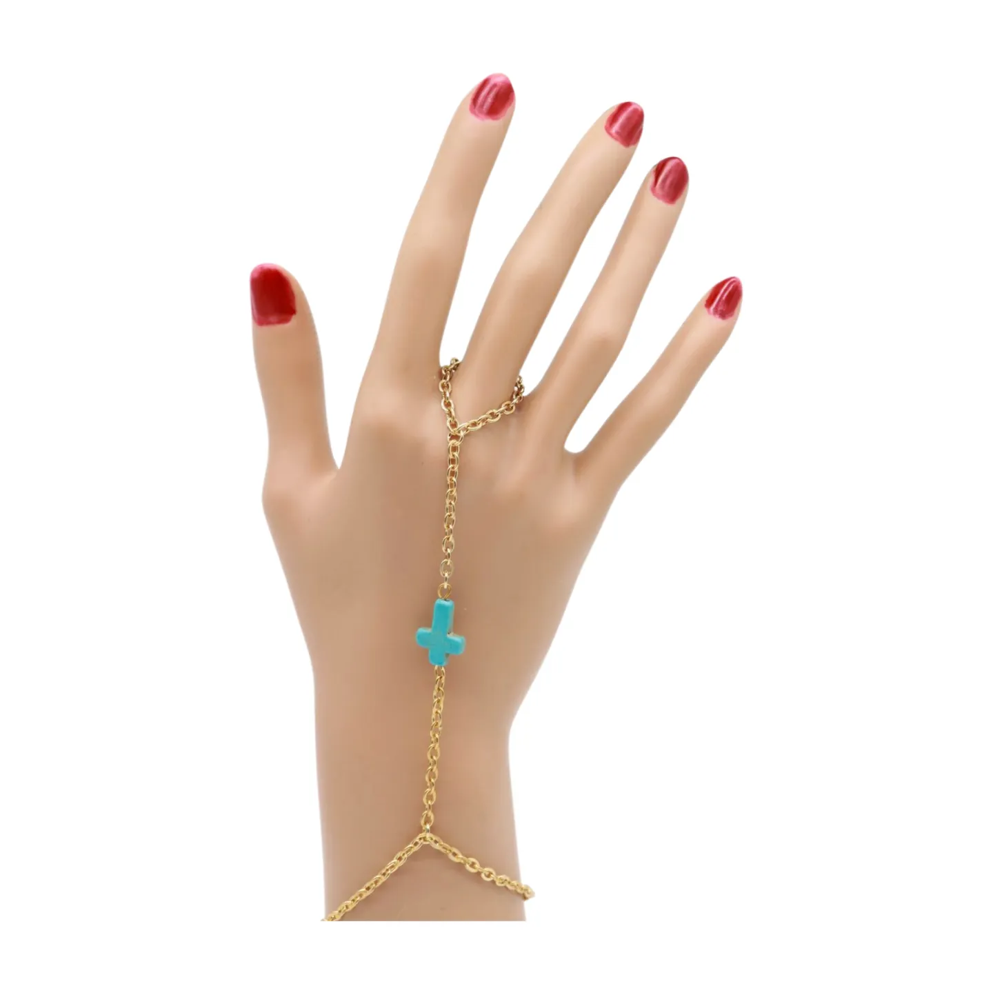 Gold Metal Hand Chain Bracelet Turquoise Blue Cross