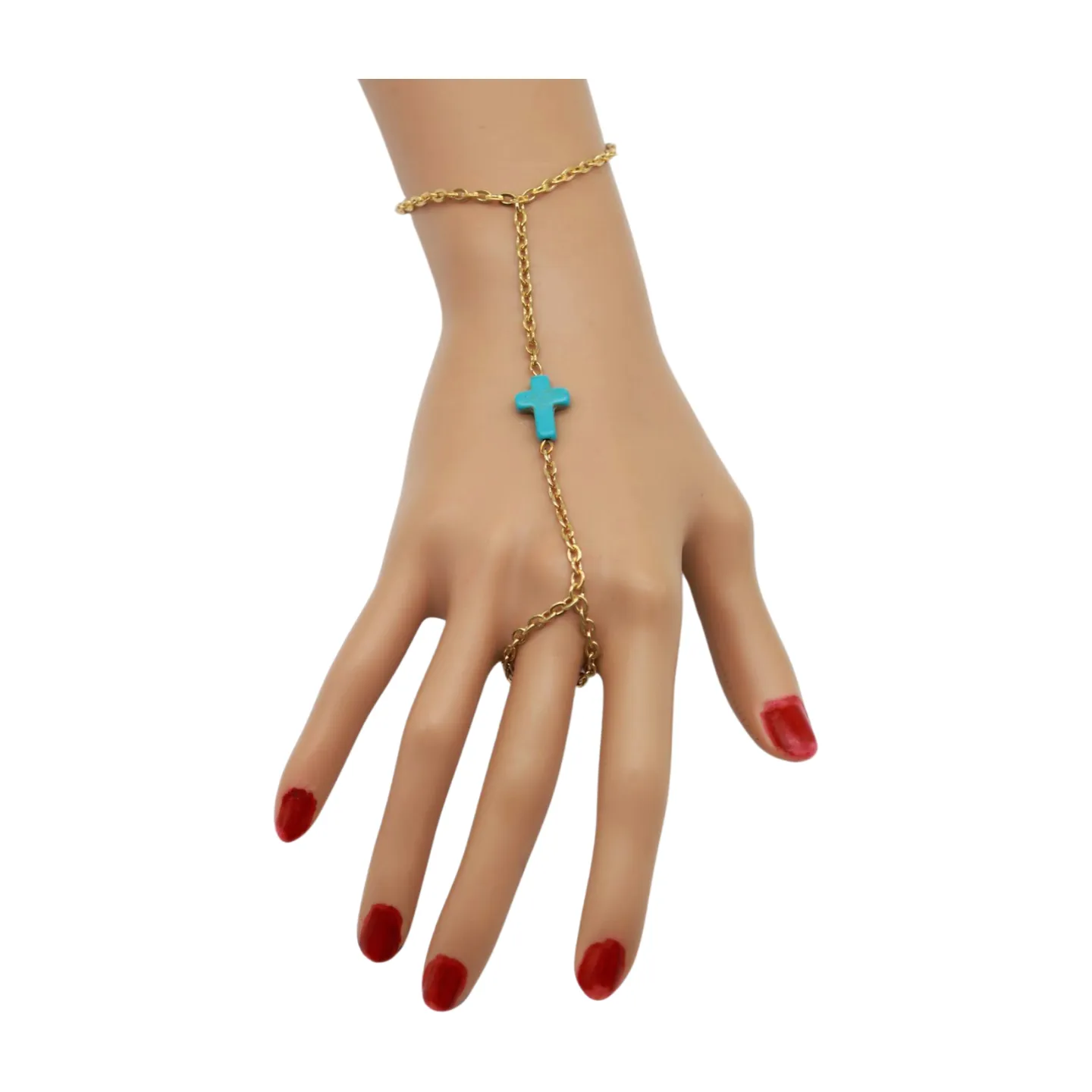 Gold Metal Hand Chain Bracelet Turquoise Blue Cross