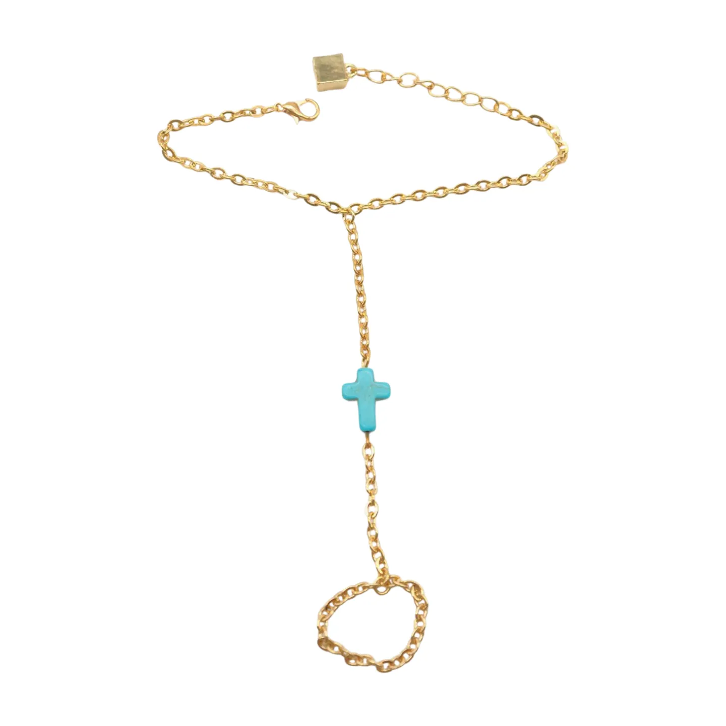 Gold Metal Hand Chain Bracelet Turquoise Blue Cross